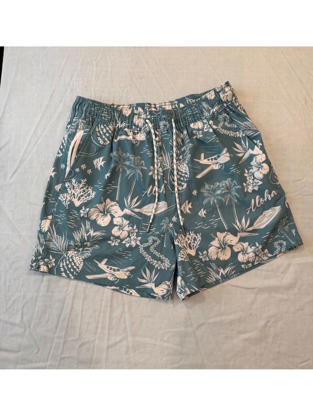 Goodfellow & Co Men’s Swim Trunks M Teal Hawaiian Aloha Tropical Print